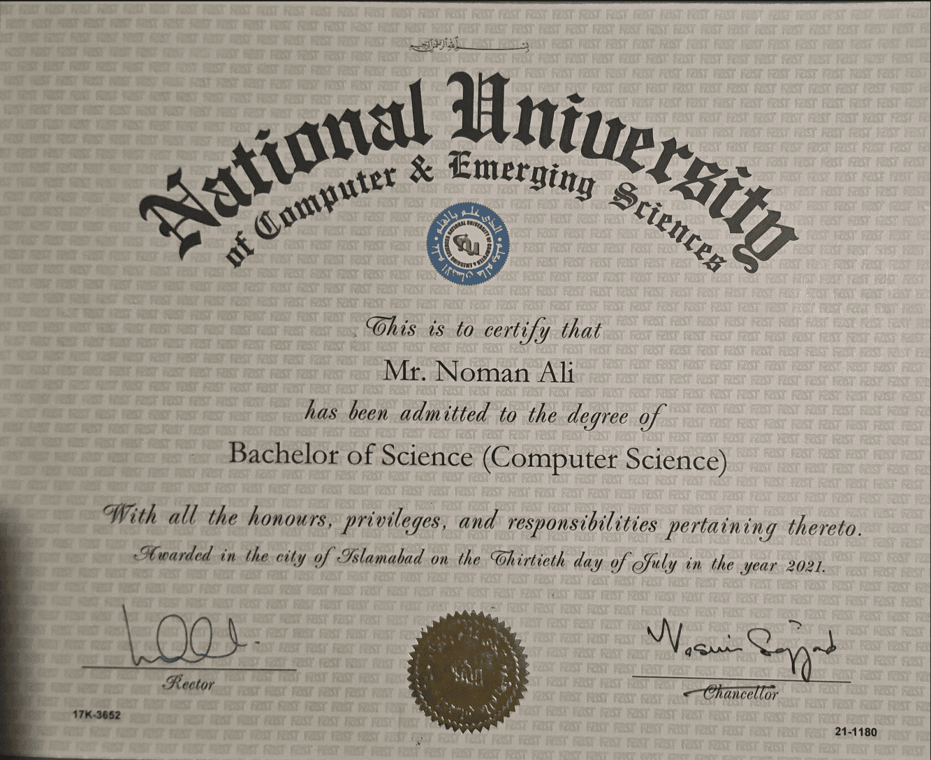 Official BS Computer Science degree certificate awarded by NUCES-FAST to Noman Ali